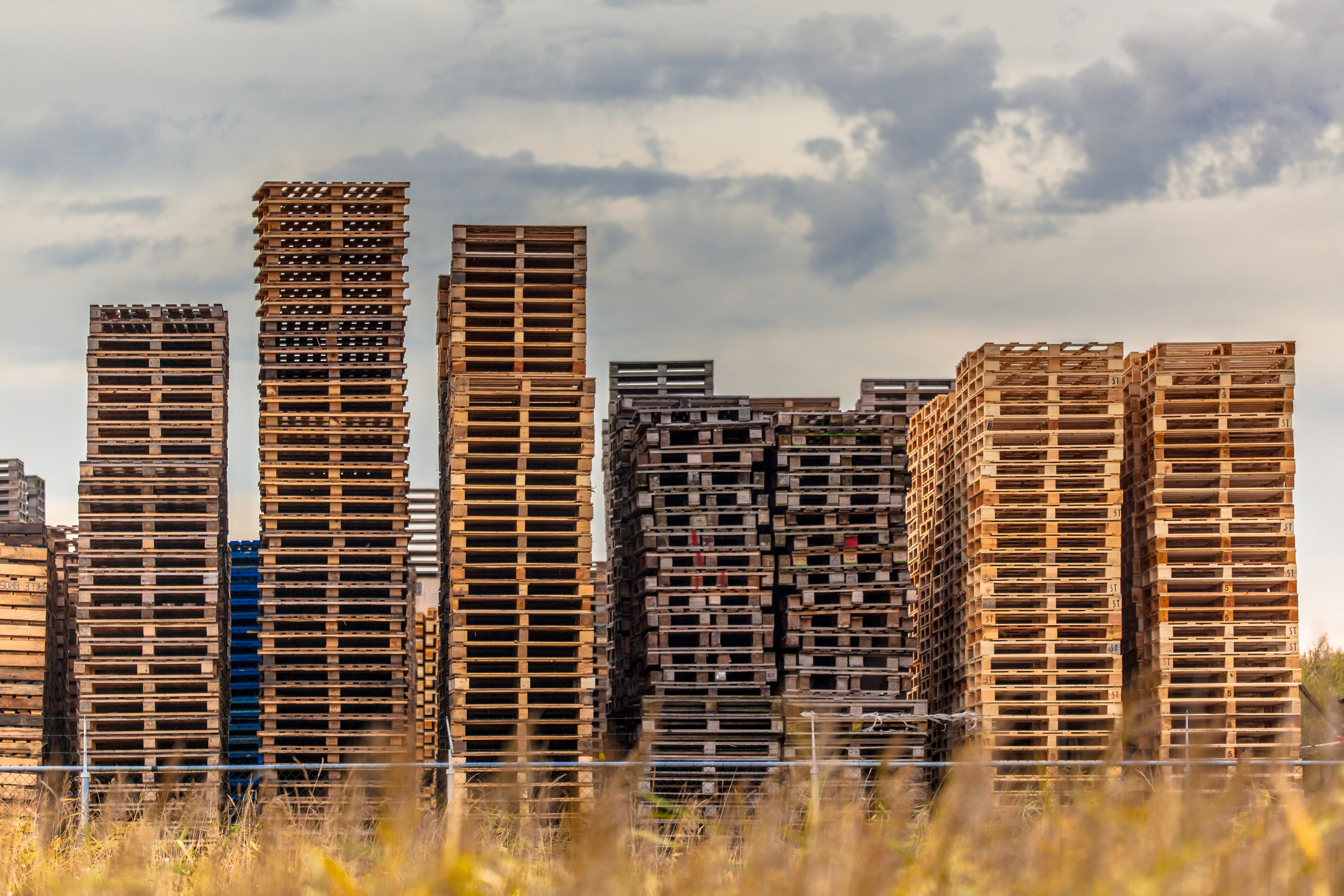 Wooden Euro Pallets stacked at Storage area of Recycling Depot Warehouse